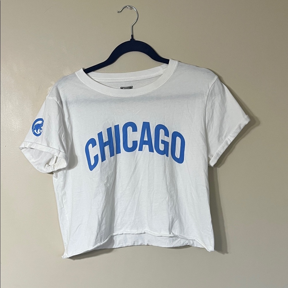 White Tee with Blue Chicago Graphic